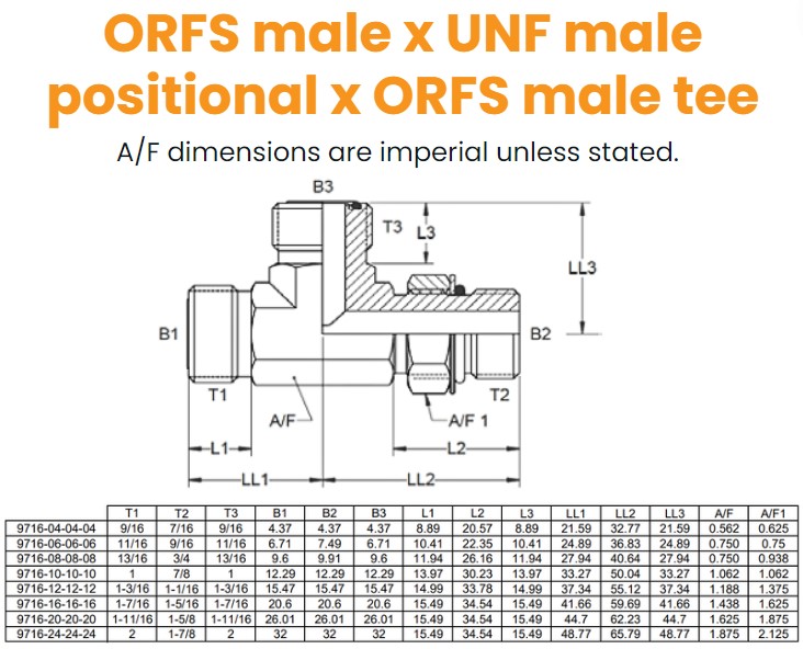 9/16 Orfs x 7/16 UNF x 9/16 Orfs M/M/M TEE Positional On Run Hydraulic Adaptor